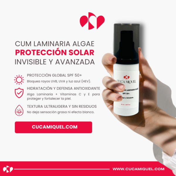 Cum Laminaria Algae, protector solar invisible SPF 50+ con antioxidantes, resistente al agua y sin residuos blancos.